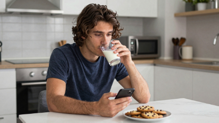 renter sitting in his apartment kitchen drinking milk generated with Z-Image